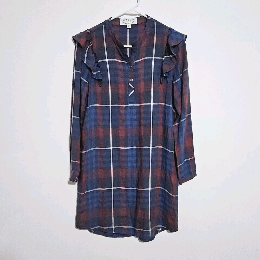 CLOTH & STONE Anthropologie RUFFLED‎ SHIRT DRESS Sz XS Plaid Brushed Long Sleeve
